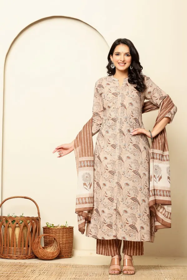 Brown_Premium_Cotton_A-Line_3_Piece_Set_For_Women