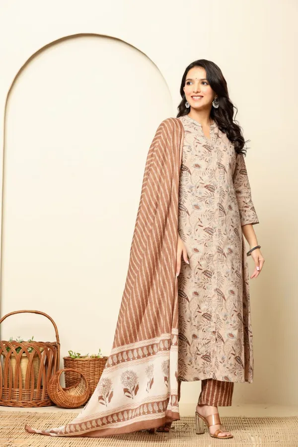 Brown_Premium_Cotton_A-Line_3_Piece_Set_For_Women