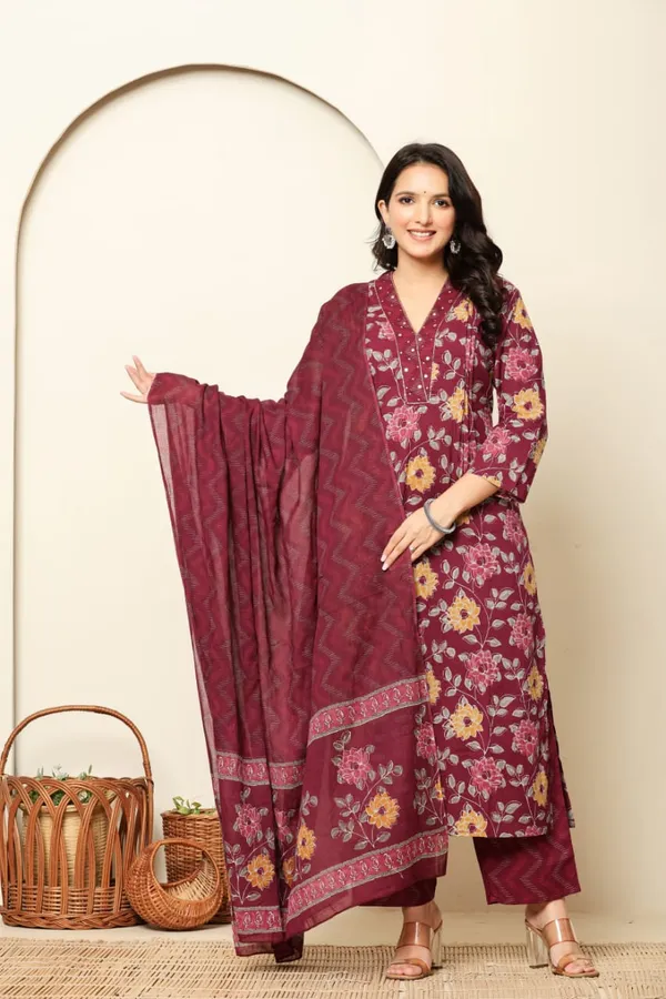 Maroon_Cotton_Straight_3_piece_set_For_Women