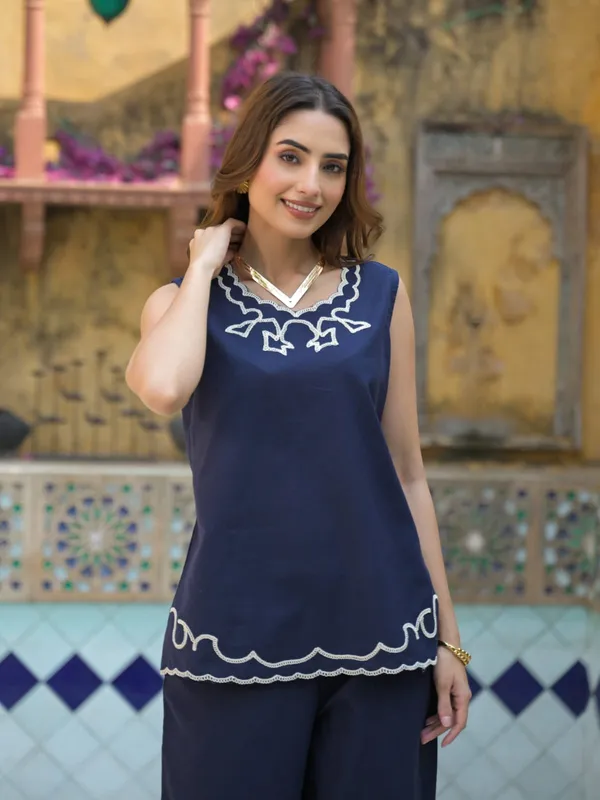 Blue_Cotton_Embroidered_Short_Co-Ord_Set_For_Women