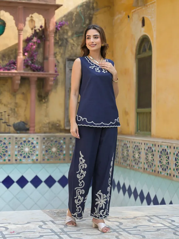 Blue_Cotton_Embroidered_Short_Co-Ord_Set_For_Women