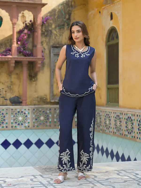 Blue_Cotton_Embroidered_Short_Co-Ord_Set_For_Women