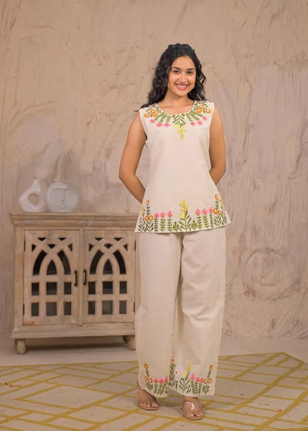 Off_White_Cotton_Floral_EmbroideredShort_Co-Ord_Set_For_Women
