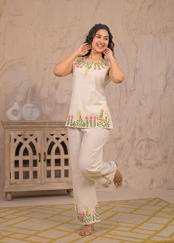 Off_White_Cotton_Floral_EmbroideredShort_Co-Ord_Set_For_Women