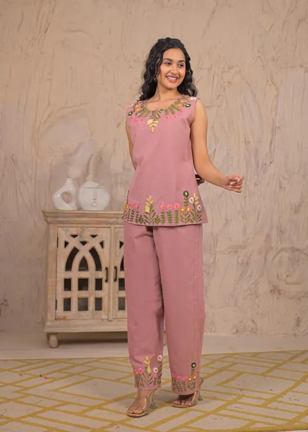 Pink_Cotton_Floral_Embroidered_Short_Co-Ord_Set_For_women