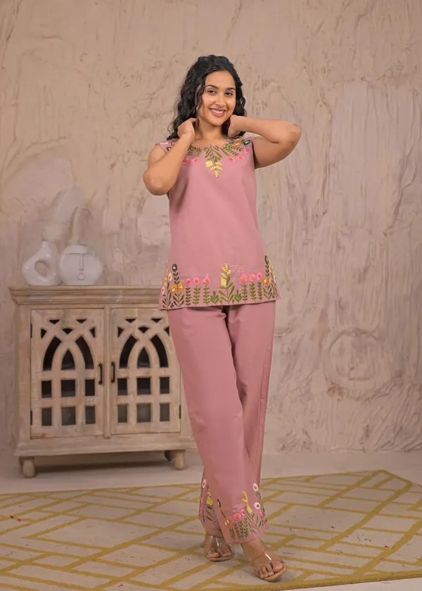 Pink_Cotton_Floral_Embroidered_Short_Co-Ord_Set_For_women