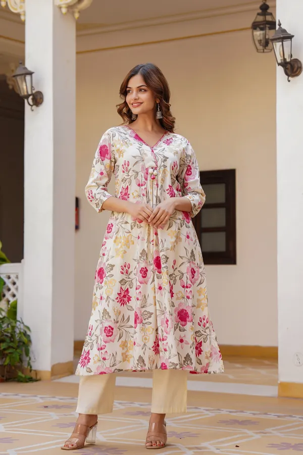 cotton_slub_off_white___floral_printed_Kurti_with_pant
