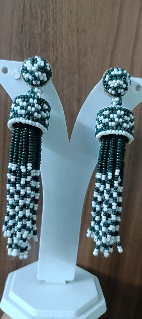 Green_White_Beaded_Tassel_Drop_Earrings_For_Women