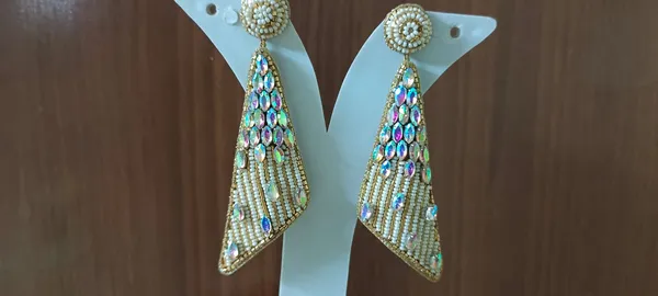 White_Beaded_Gold_Tone_Multicolor_Stone_Triangle_Drop_Earrings_For_Women