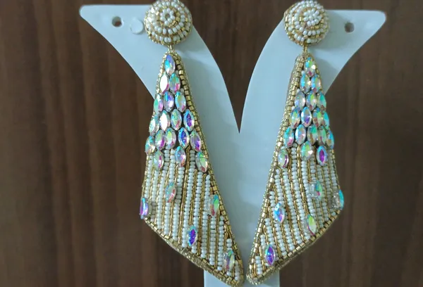 White_Beaded_Gold_Tone_Multicolor_Stone_Triangle_Drop_Earrings_For_Women