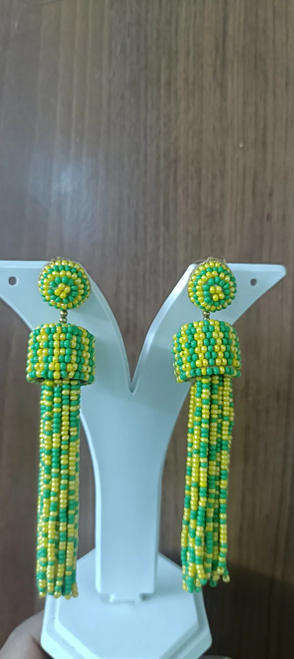 Green_Yellow_Beaded_Tassel_Drop_Earrings_For_Women