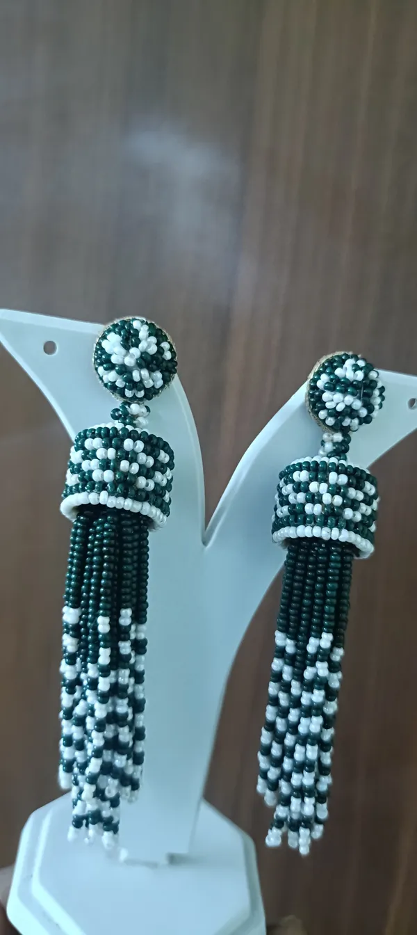 Green_White_Beaded_Tassel_Drop_Earrings_For_Women