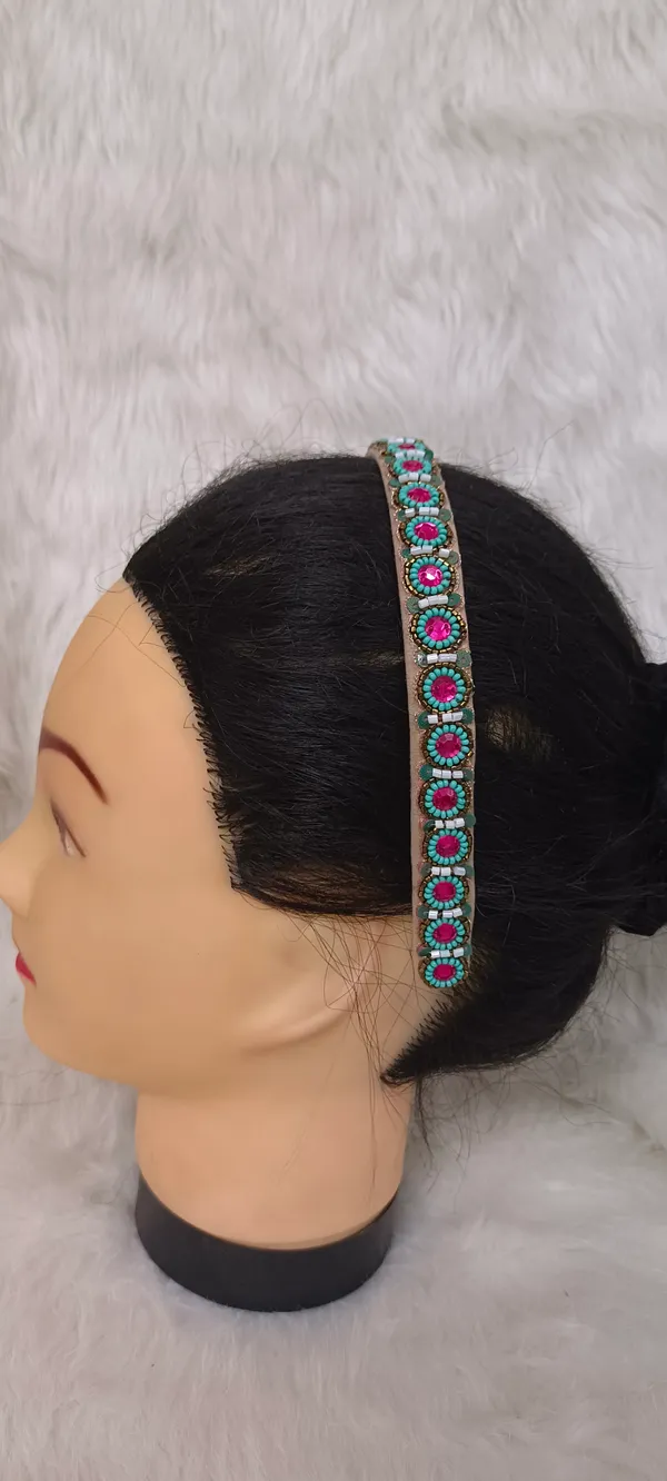 Turquoise_Pink_Satin_Beaded_Embellished_Hairband_For_Women