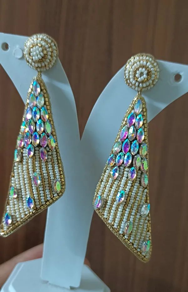 White_Beaded_Gold_Tone_Multicolor_Stone_Triangle_Drop_Earrings_For_Women