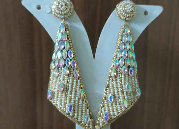 White_Beaded_Gold_Tone_Multicolor_Stone_Triangle_Drop_Earrings_For_Women