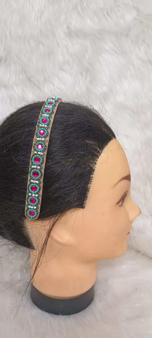 Turquoise_Pink_Satin_Beaded_Embellished_Hairband_For_Women