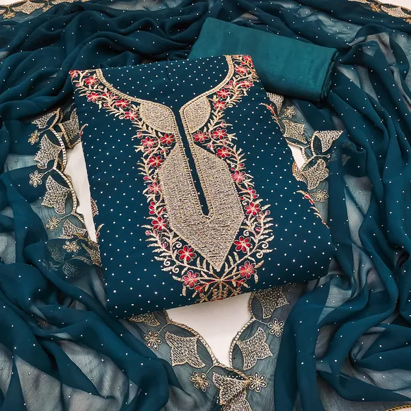Self_Design_Teal_Georgette_Salwar_Suit_Dress_Material_With_Golden_&_Red_Thread_Work_And_Swarovski_Detailing_Unstitched_For_Women
