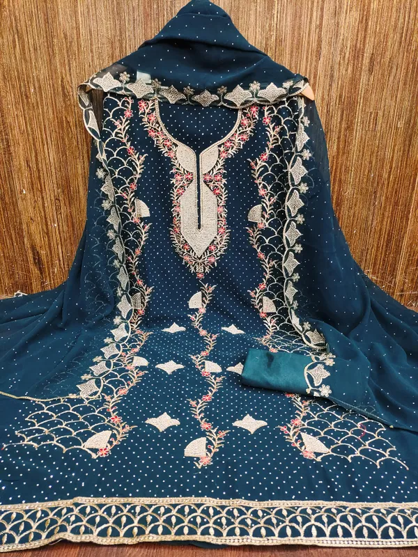 Self_Design_Teal_Georgette_Salwar_Suit_Dress_Material_With_Golden_&_Red_Thread_Work_And_Swarovski_Detailing_Unstitched_For_Women
