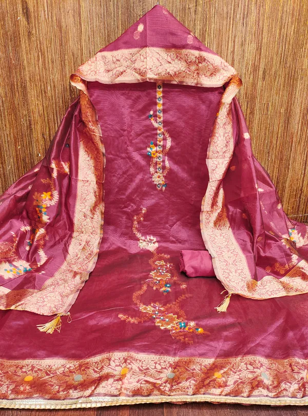 Pink_Banarasi_Silk_Jacquard_Salwar_Suit_Dress_Material_With_Handwork_&_Floral_Dupatta_Unstitched
