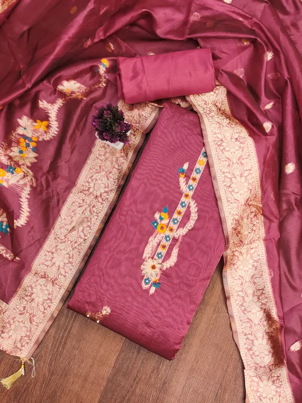 Pink_Banarasi_Silk_Jacquard_Salwar_Suit_Dress_Material_With_Handwork_&_Floral_Dupatta_Unstitched