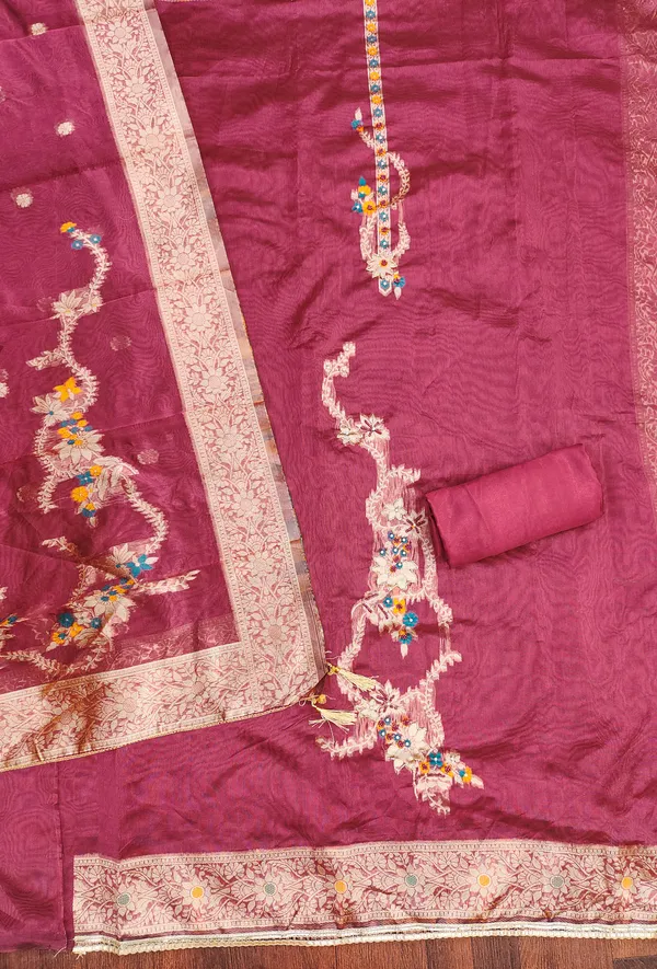 Pink_Banarasi_Silk_Jacquard_Salwar_Suit_Dress_Material_With_Handwork_&_Floral_Dupatta_Unstitched