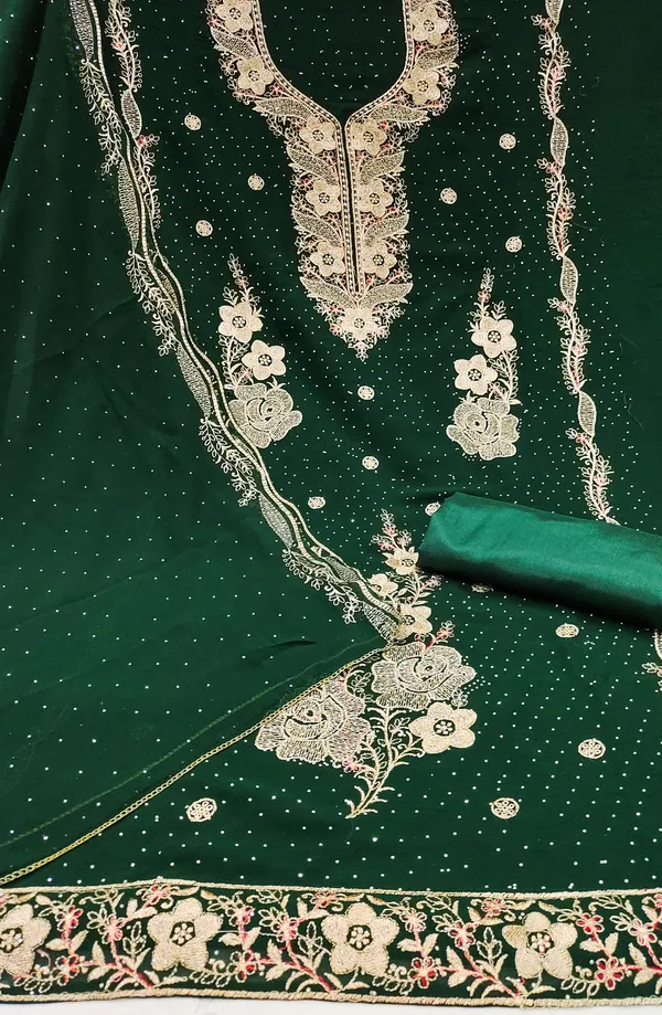 Green_Georgette_Salwar_Suit_Dress_Material_Set_With_Golden_Thread_Work_&_Siroki_Diamonds_Unstitched