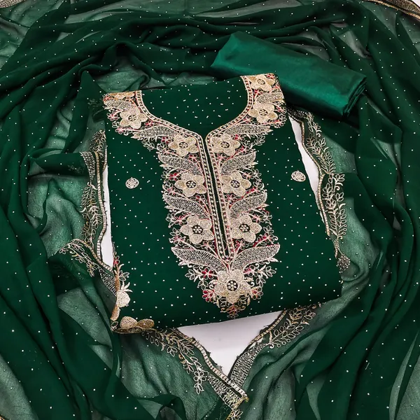 Green_Georgette_Salwar_Suit_Dress_Material_Set_With_Golden_Thread_Work_&_Siroki_Diamonds_Unstitched