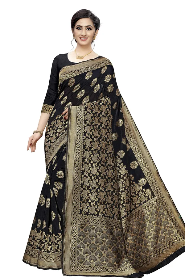 Black_Poly_Silk_Jacquard_Premium_&_Elegant_Banarasi_Kanjivaram_Saree_With_Blouse_Piece_For_Women