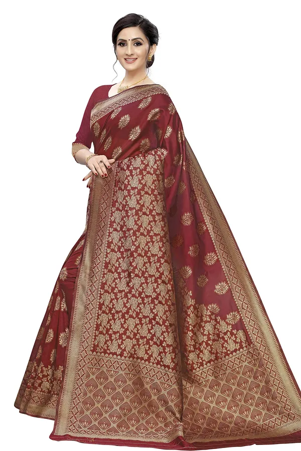 Gold_&_Maroon_Polysilk_Premium_&_Elegant_Kanjivaram_Saree_With_Blouse_Piece_For_Women