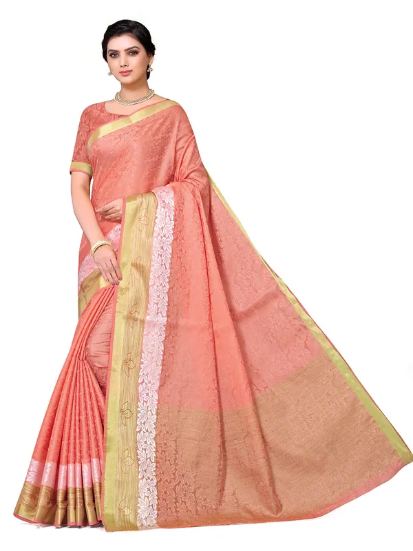 Peach_Cotton_Silk_Premium_&_Elegant_Banarasi_Saree_With_Blouse_Piece_For_Women