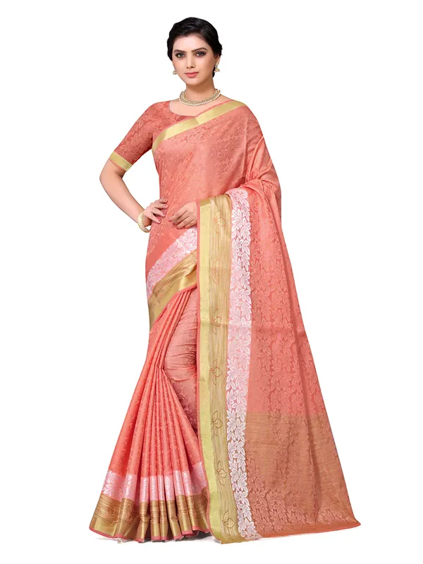 Peach_Cotton_Silk_Premium_&_Elegant_Banarasi_Saree_With_Blouse_Piece_For_Women