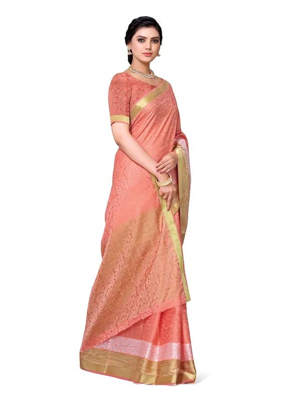Peach_Cotton_Silk_Premium_&_Elegant_Banarasi_Saree_With_Blouse_Piece_For_Women