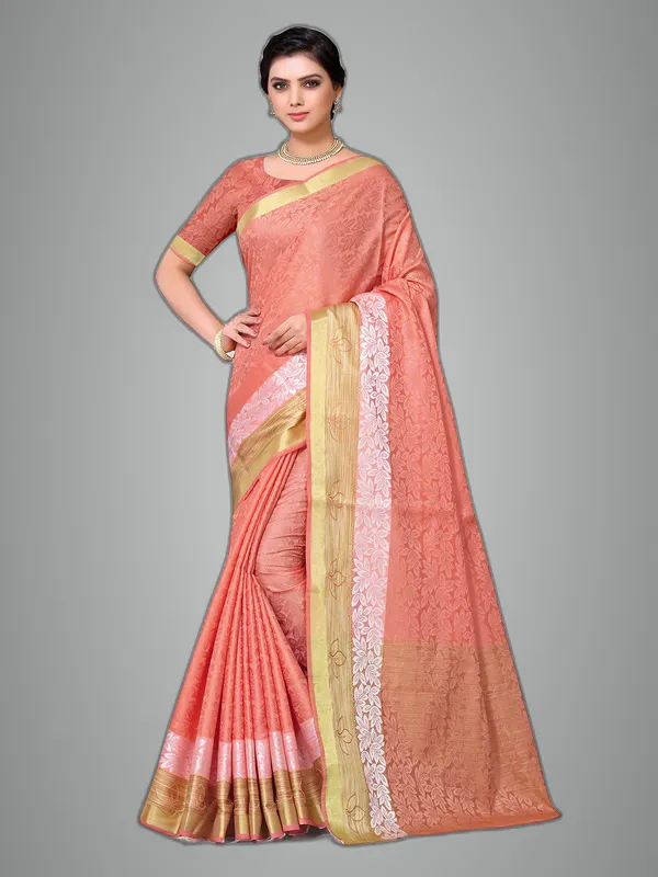 Peach_Cotton_Silk_Premium_&_Elegant_Banarasi_Saree_With_Blouse_Piece_For_Women