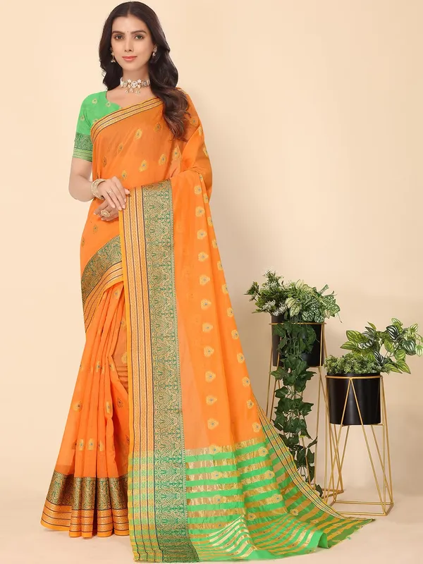 Orange_Cotton_Silk_Premium_&_Elegant_(_Zari_Ethnic_Motifs_)_Maheshwari_Saree_With_Blouse_Piece_For_Women