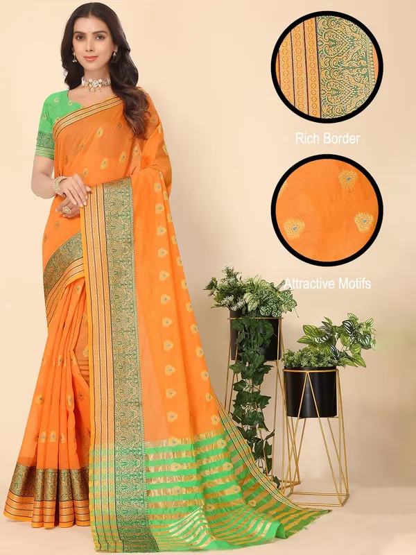 Orange_Cotton_Silk_Premium_&_Elegant_(_Zari_Ethnic_Motifs_)_Maheshwari_Saree_With_Blouse_Piece_For_Women