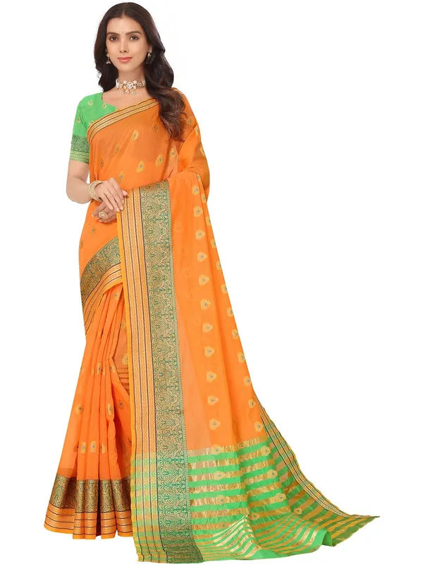 Orange_Cotton_Silk_Premium_&_Elegant_(_Zari_Ethnic_Motifs_)_Maheshwari_Saree_With_Blouse_Piece_For_Women