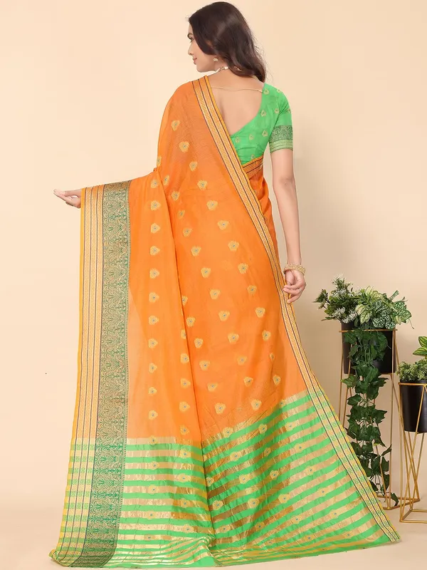 Orange_Cotton_Silk_Premium_&_Elegant_(_Zari_Ethnic_Motifs_)_Maheshwari_Saree_With_Blouse_Piece_For_Women
