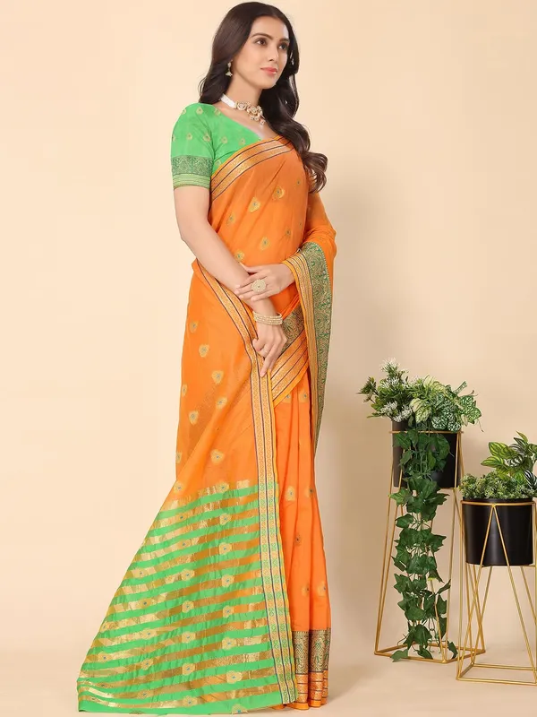 Orange_Cotton_Silk_Premium_&_Elegant_(_Zari_Ethnic_Motifs_)_Maheshwari_Saree_With_Blouse_Piece_For_Women
