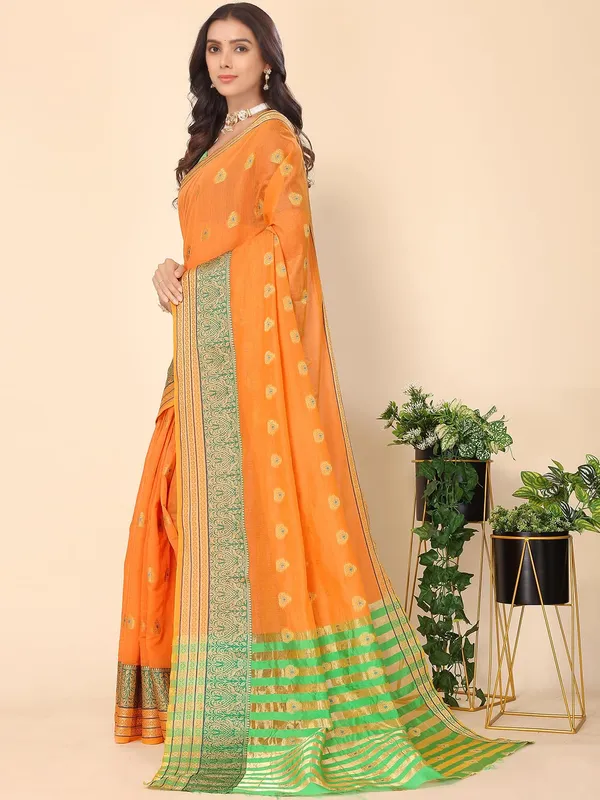 Orange_Cotton_Silk_Premium_&_Elegant_(_Zari_Ethnic_Motifs_)_Maheshwari_Saree_With_Blouse_Piece_For_Women