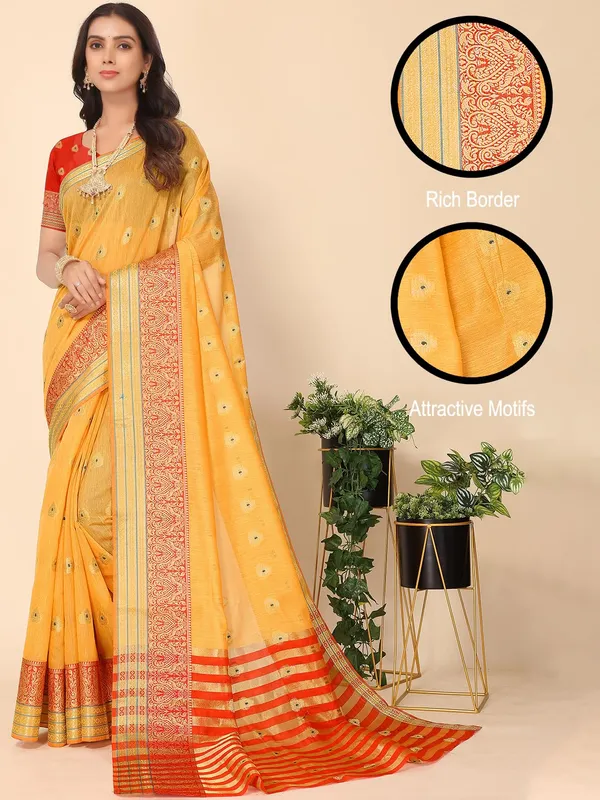 Yellow_Cotton_Silk_Premium_&_Elegant_(_Zari_Ethnic_Motifs_)_Maheshwari_Saree_With_Blouse_Piece_For_Women