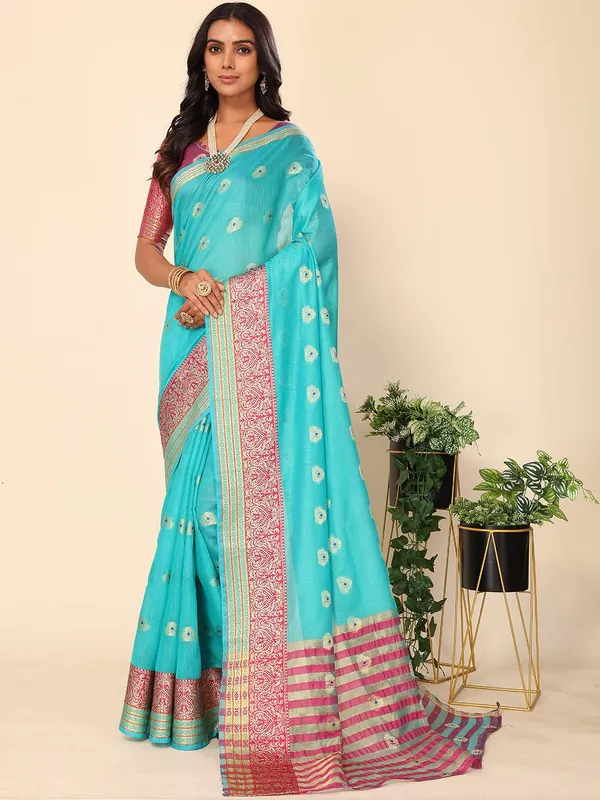 Ocean_Green_Cotton_Silk_Premium_&_Elegant_(_Zari_Ethnic_Motifs_)_Maheshwari_Saree_With_Blouse_Piece_For_Women
