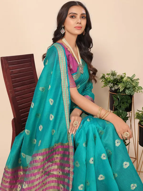 Ocean_Green_Cotton_Silk_Premium_&_Elegant_(_Zari_Ethnic_Motifs_)_Maheshwari_Saree_With_Blouse_Piece_For_Women