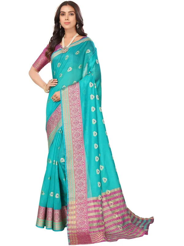 Ocean_Green_Cotton_Silk_Premium_&_Elegant_(_Zari_Ethnic_Motifs_)_Maheshwari_Saree_With_Blouse_Piece_For_Women