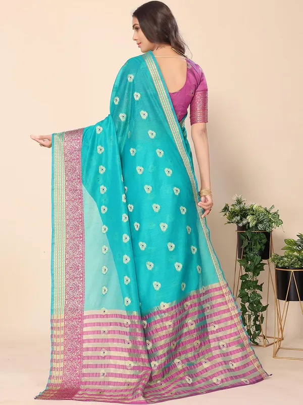 Ocean_Green_Cotton_Silk_Premium_&_Elegant_(_Zari_Ethnic_Motifs_)_Maheshwari_Saree_With_Blouse_Piece_For_Women