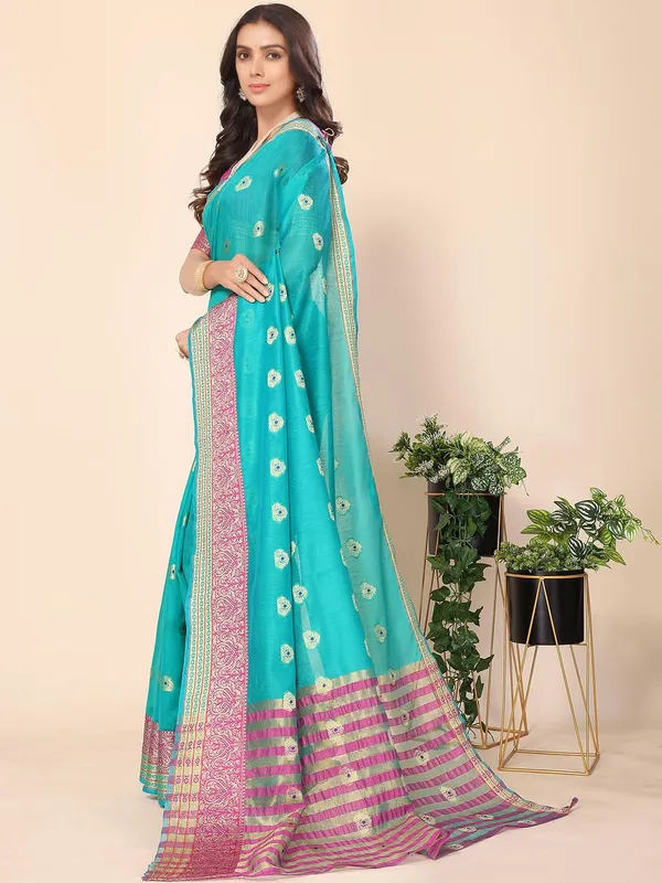 Ocean_Green_Cotton_Silk_Premium_&_Elegant_(_Zari_Ethnic_Motifs_)_Maheshwari_Saree_With_Blouse_Piece_For_Women