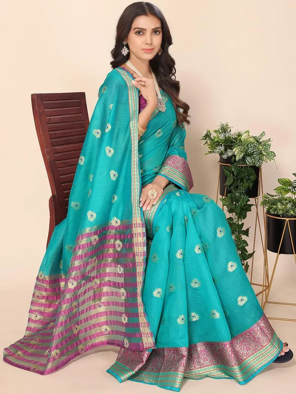 Ocean_Green_Cotton_Silk_Premium_&_Elegant_(_Zari_Ethnic_Motifs_)_Maheshwari_Saree_With_Blouse_Piece_For_Women
