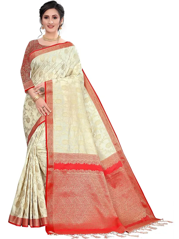 White_&_Red_Silk___Premium_&_Elegant_Saree_Saree_With_Blouse_Piece_For_Women