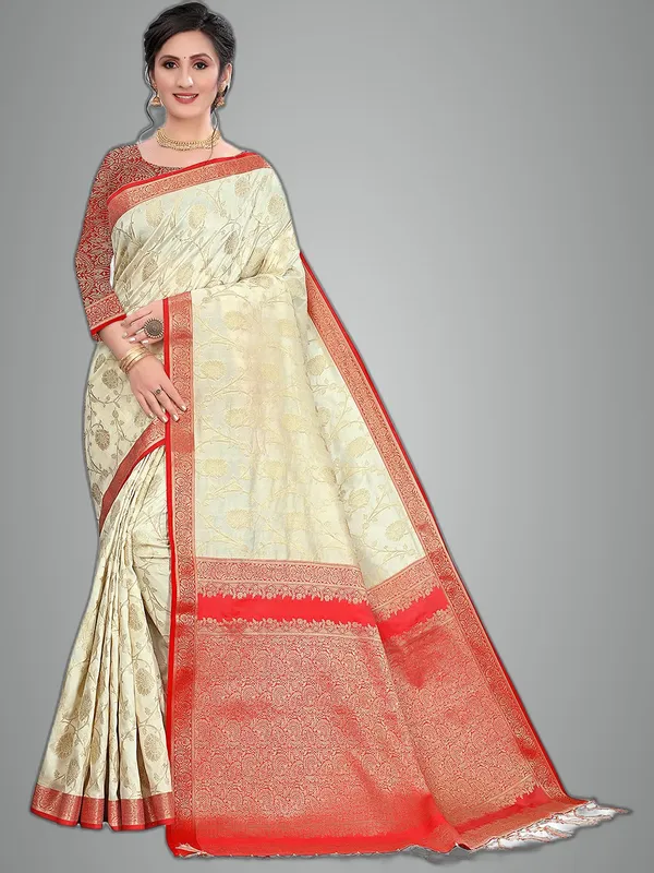 White_&_Red_Silk___Premium_&_Elegant_Saree_Saree_With_Blouse_Piece_For_Women