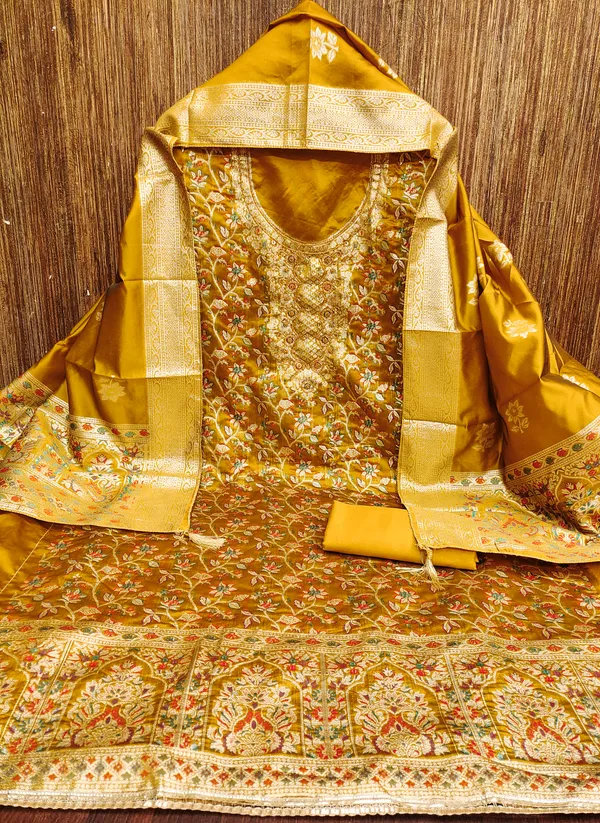 Mustard_Banarasi_Silk_Salwar_Suit_Dress_Material_With_Zardosi_Handwork_&_Jacquard_Dupatta_Unstitched