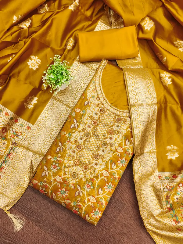 Mustard_Banarasi_Silk_Salwar_Suit_Dress_Material_With_Zardosi_Handwork_&_Jacquard_Dupatta_Unstitched